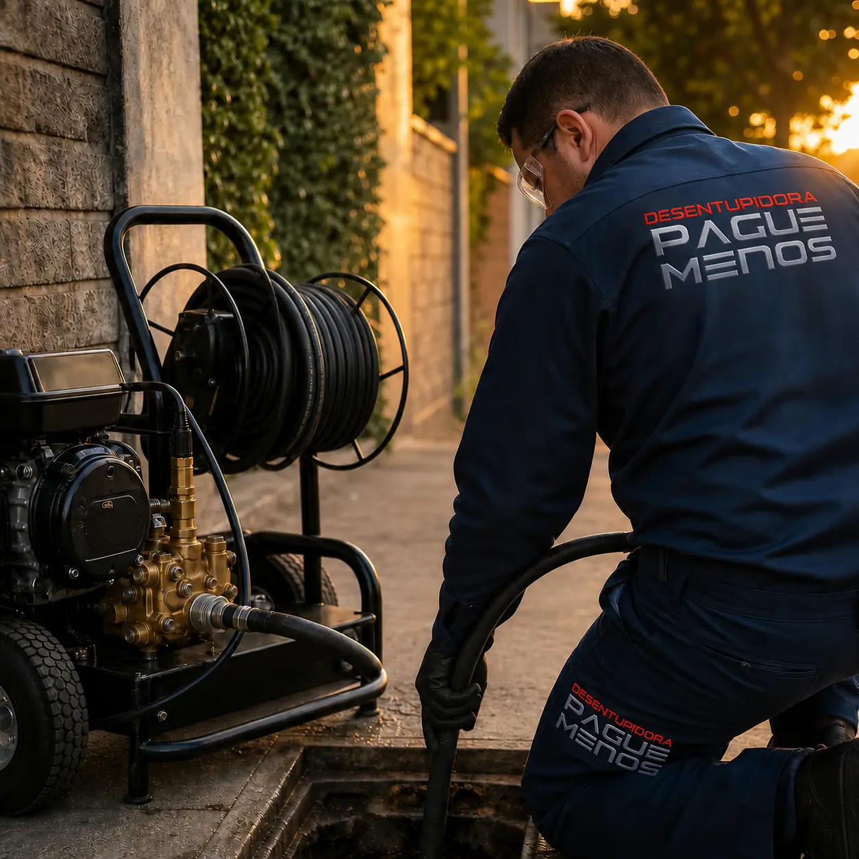 Técnico da Desentupidora Pague Menos desentupindo um ralo externo